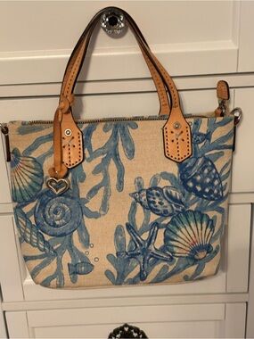 Brighton Blue Seashell Tote with Tan Leather Handles